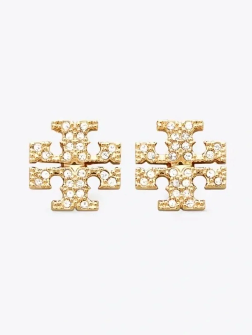 Tory Burch Crystal Double T Logo Stud Earrings Gold Tone Pavé Logo Earrings